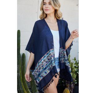 Kimono  Robes Embroidered Trim with Tassels color Navy